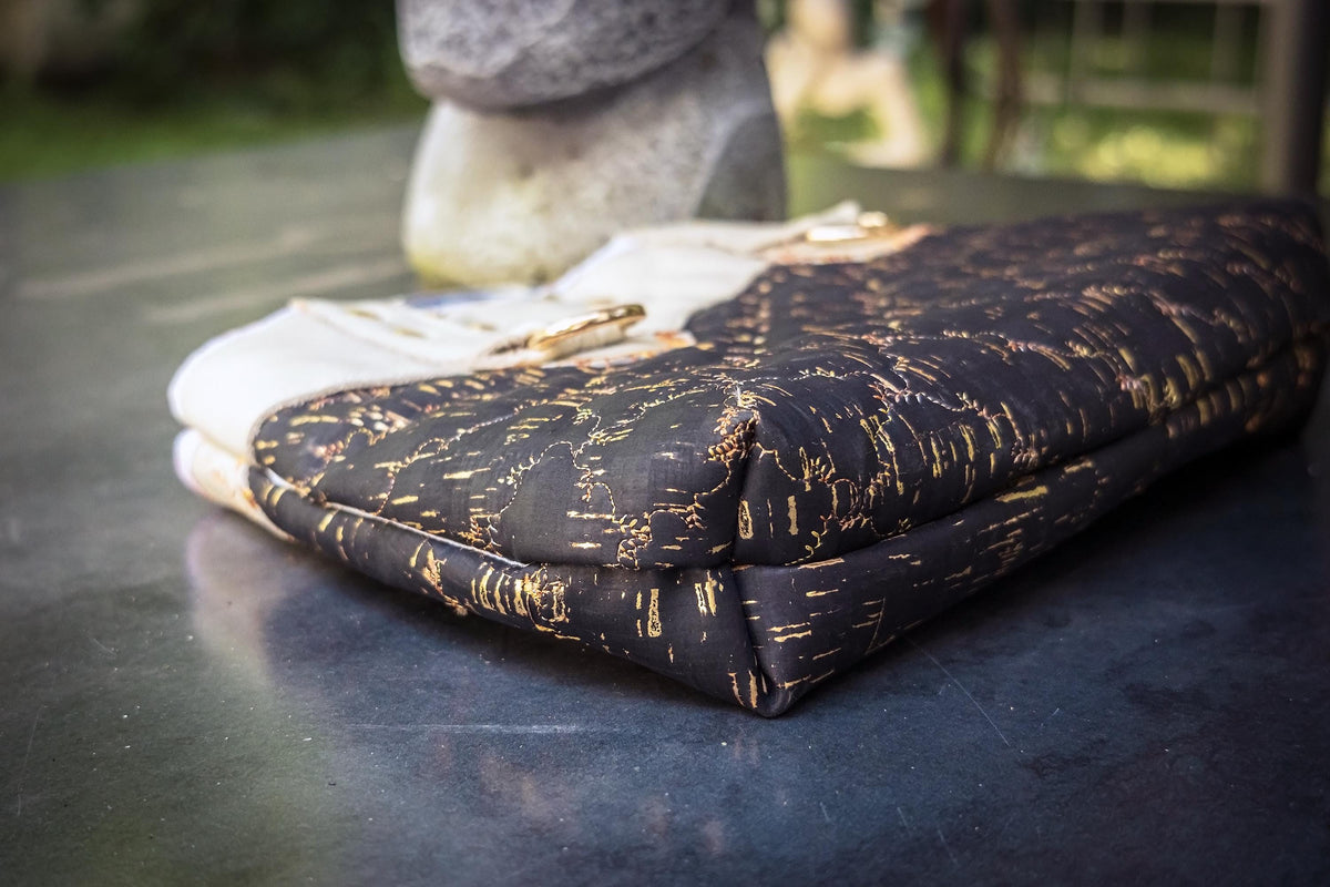 The Gilded Eclipse-Handmade cork and natural leather, and top handle bag with gold chain.