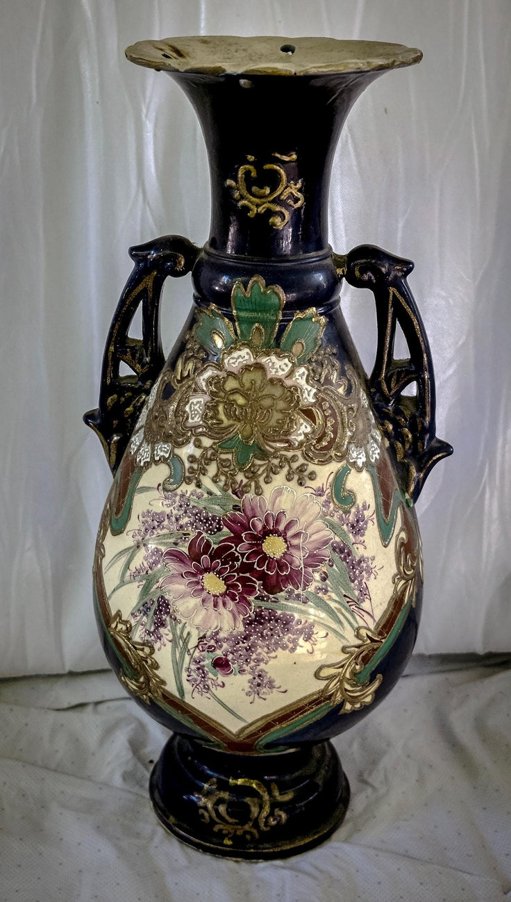 Vintage Satsuma-Style Moriage Vase: Hand-Painted Floral, Double Handles, Cobalt Blue