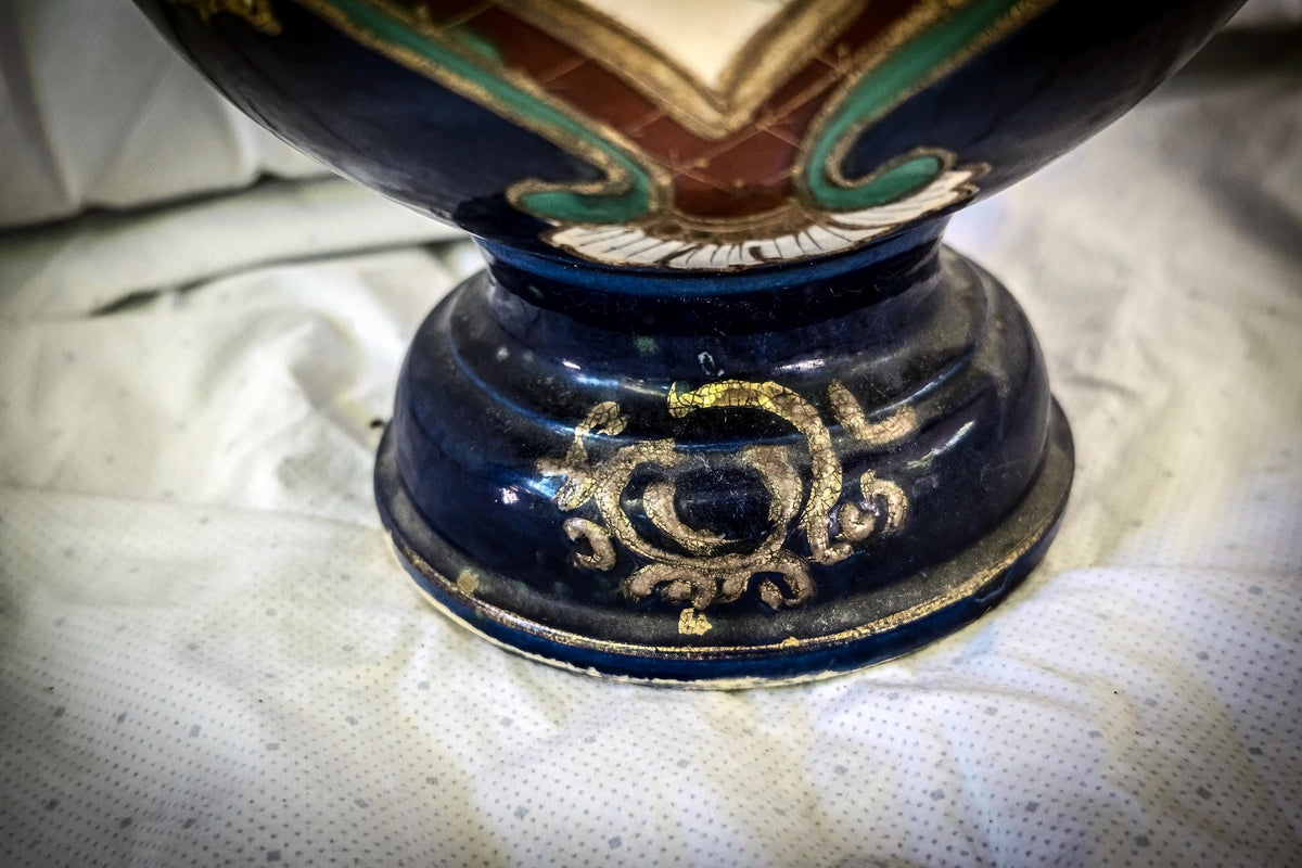 Vintage Satsuma-Style Moriage Vase: Hand-Painted Floral, Double Handles, Cobalt Blue