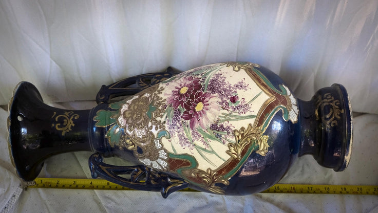 Vintage Satsuma-Style Moriage Vase: Hand-Painted Floral, Double Handles, Cobalt Blue