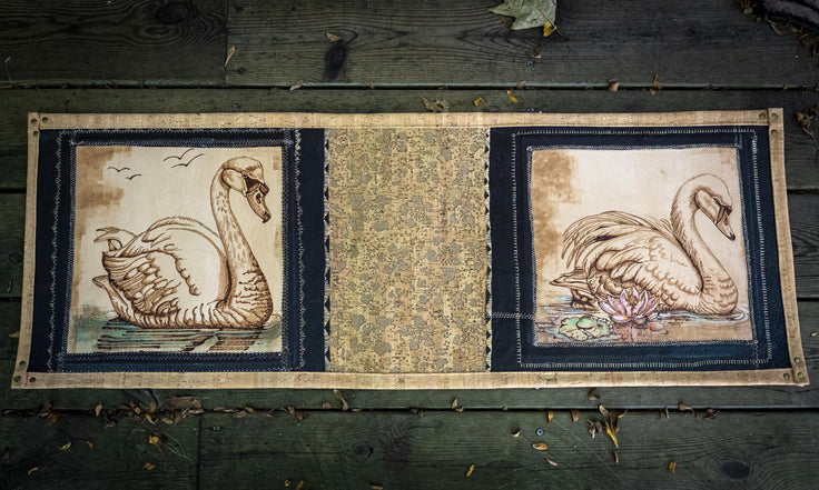Luxury Hand-Tooled Leather Table Runner-Pyrography Swan Art Dresser Scarf, Waterproofed Vegetable Tanned Leather & Natural Cork Home Decor