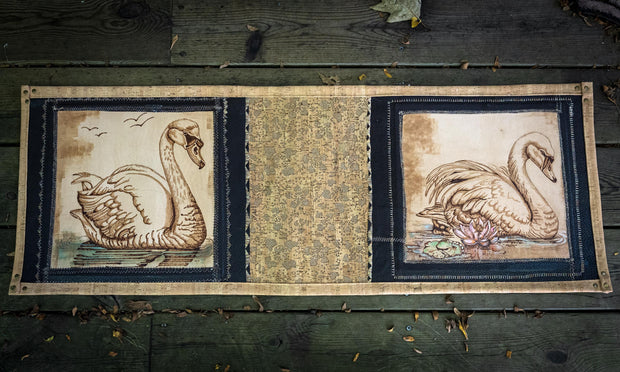 Luxury Hand-Tooled Leather Table Runner-Pyrography Swan Art Dresser Scarf, Waterproofed Vegetable Tanned Leather & Natural Cork Home Decor