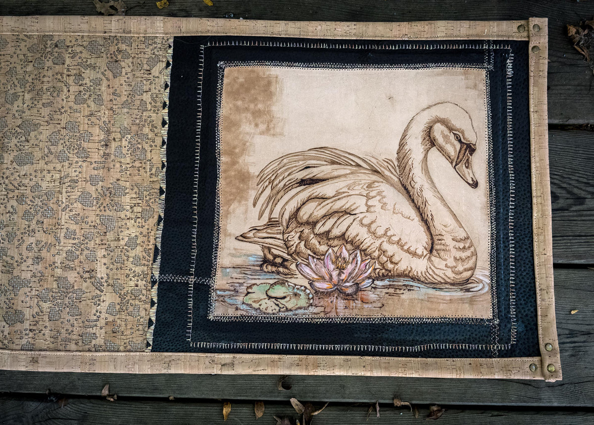 Luxury Hand-Tooled Leather Table Runner-Pyrography Swan Art Dresser Scarf, Waterproofed Vegetable Tanned Leather & Natural Cork Home Decor
