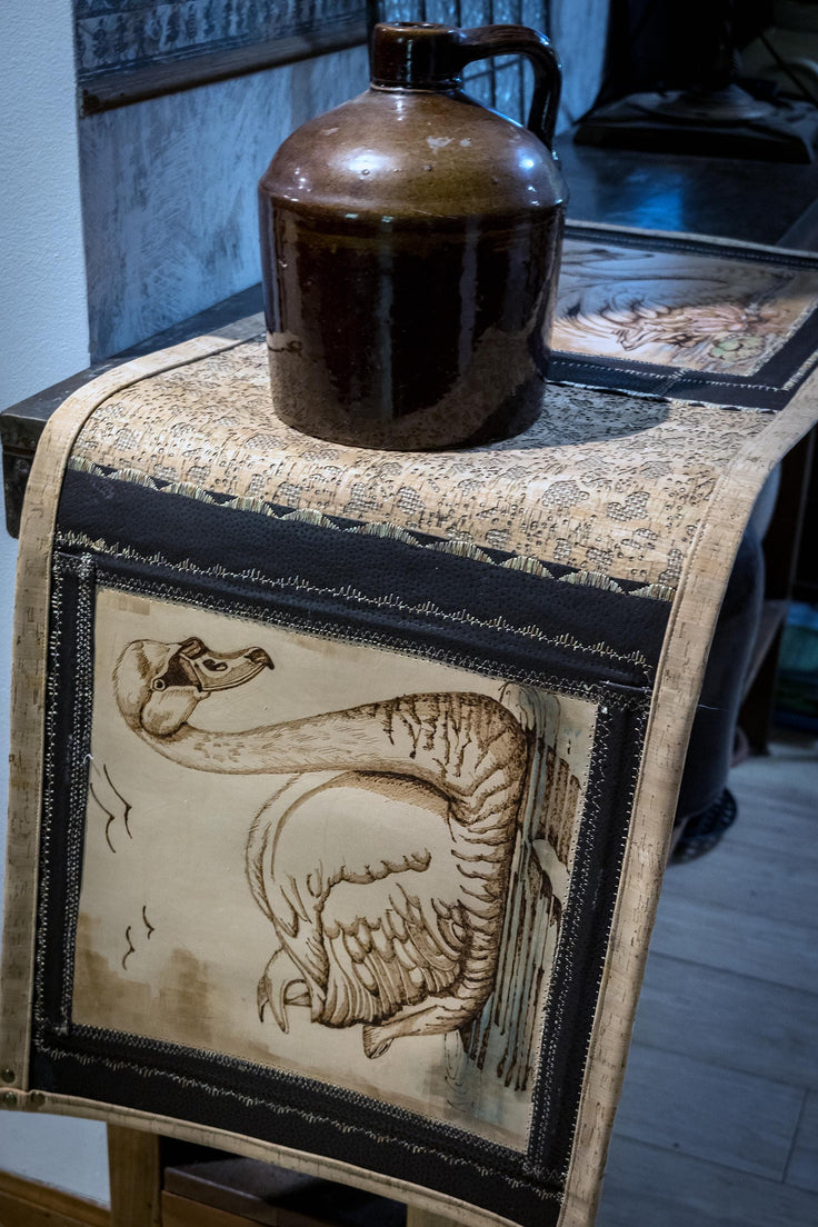 Luxury Hand-Tooled Leather Table Runner-Pyrography Swan Art Dresser Scarf, Waterproofed Vegetable Tanned Leather & Natural Cork Home Decor
