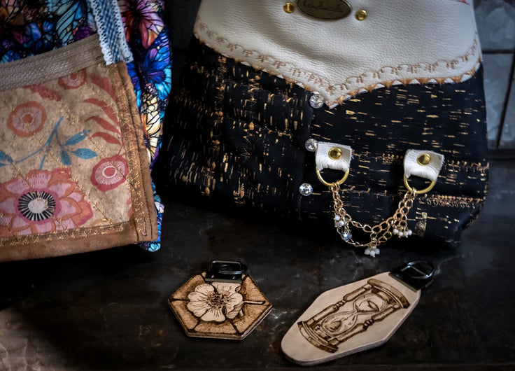Hand-Burned Floral Leather Keychain, Hexagon flower bag Charm, Botanical Pyrography Key Fob, Unique Gift for Nature Lovers.
